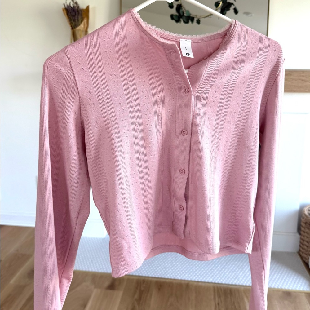 Lululemon cotton Pointelle cropped button shirt long sleeve pink haze S like new